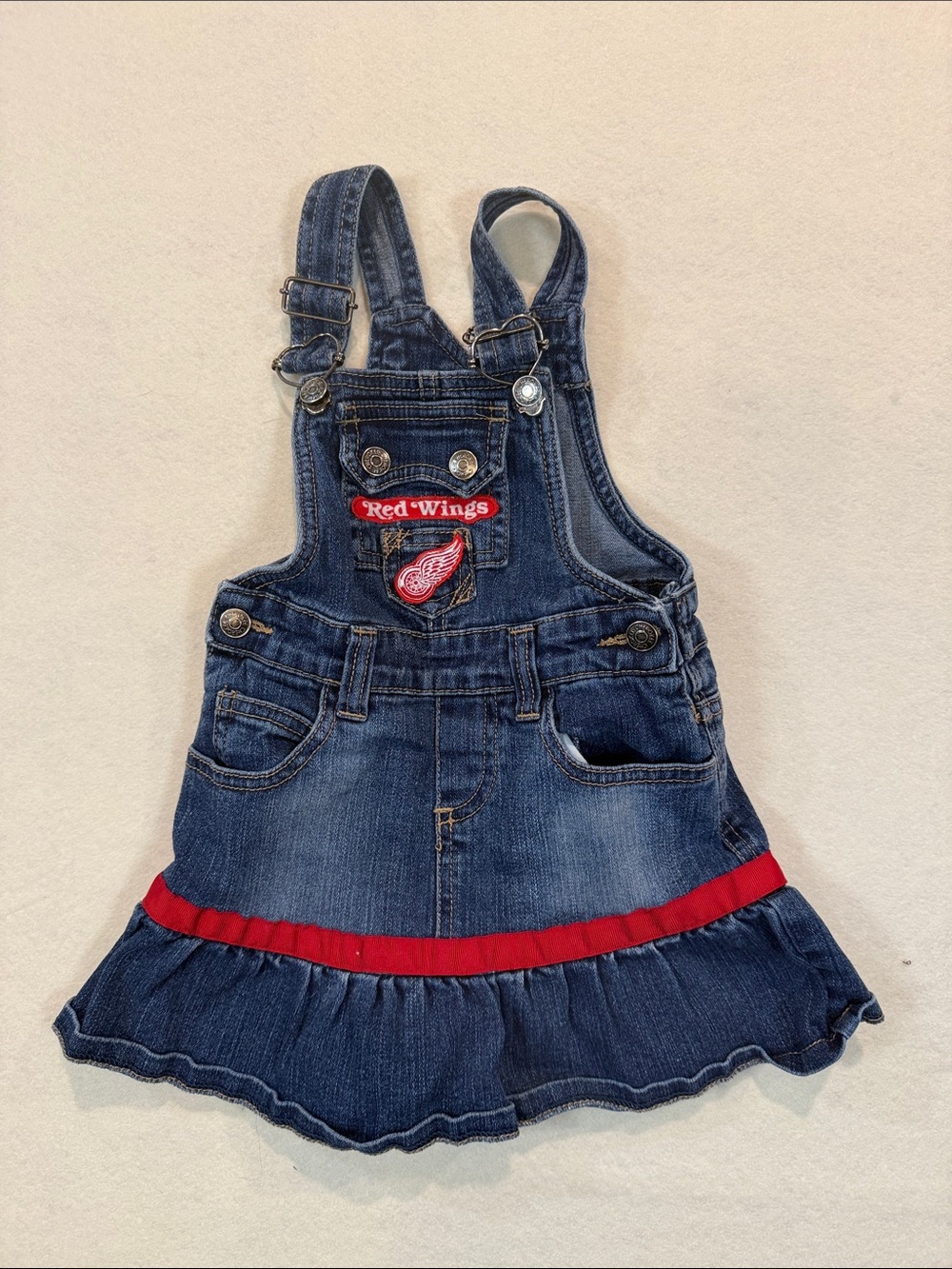 Detroit Red Wings Denim Overall Dress in Dark Blue Red Accent CUSTOM SZ 24 mo UU